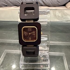 Women’s Dark Brown Wooden Case Finish Link Watch with Gold Accents